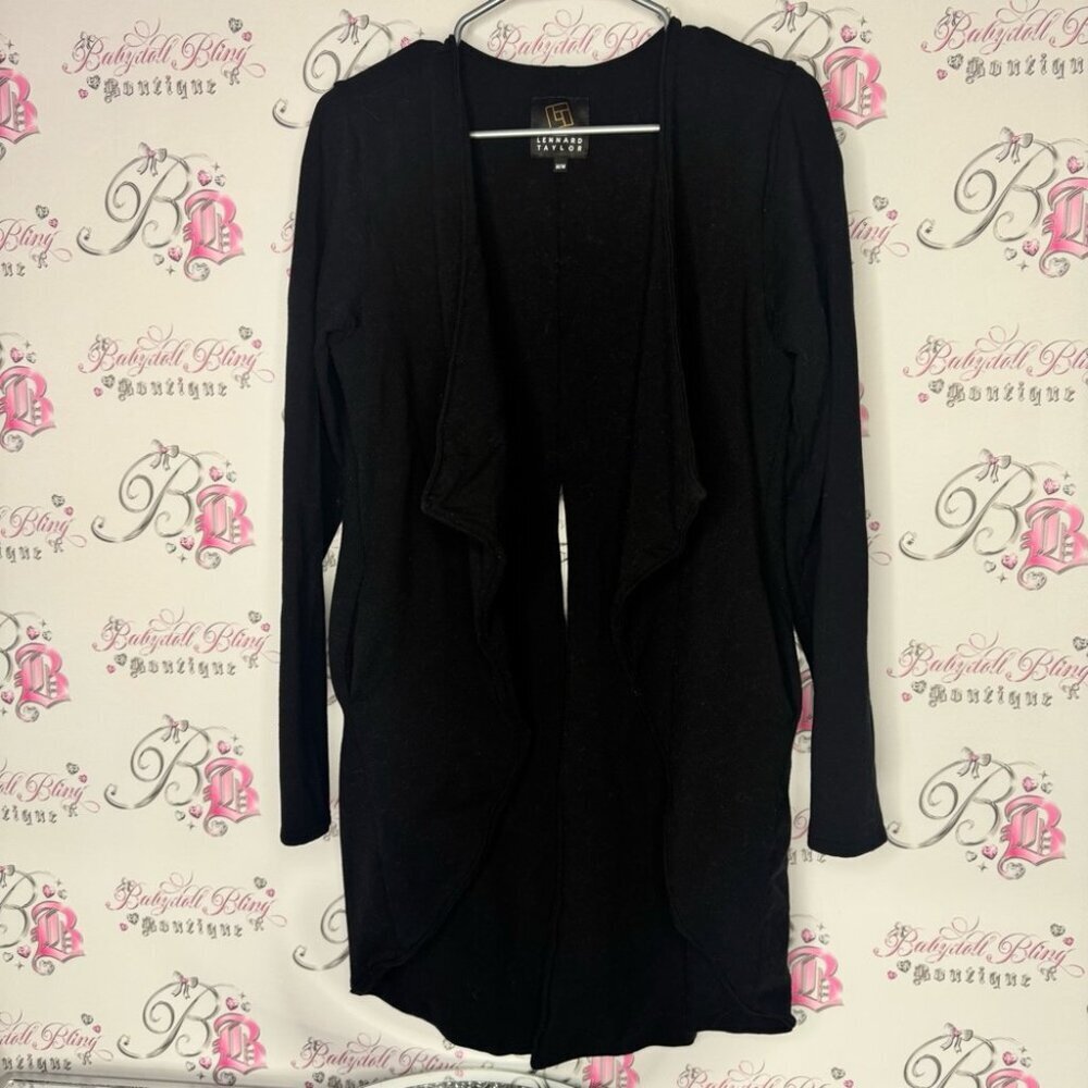 Lennard Taylor cardigan waterfall open flowy soft Elegant Black Sweater